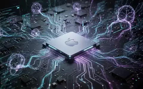 A glowing, futuristic circuit board with abstract neural network patterns and data streams, centered on a chip resembling the Apple M4. - Foto: über boerse-global.de