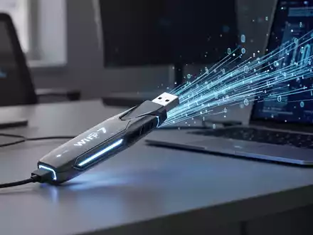 A sleek, glowing Wi-Fi 7 USB adapter connected to a modern laptop, with visual data streams representing high-speed connectivity. - Foto: über boerse-global.de