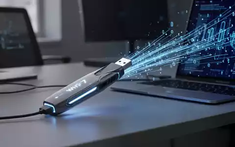 A sleek, glowing Wi-Fi 7 USB adapter connected to a modern laptop, with visual data streams representing high-speed connectivity. - Foto: über boerse-global.de