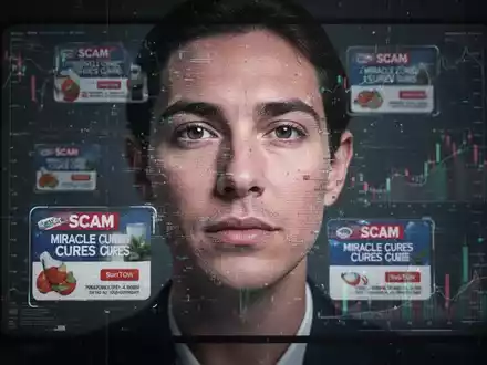 Verzerrtes und verpixeltes Gesicht auf einem Bildschirm, überlagert von Betrugsanzeigen für Wundermittel, mit Finanzdaten im Hintergrund. - Foto: über boerse-global.de