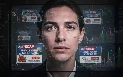 Verzerrtes und verpixeltes Gesicht auf einem Bildschirm, überlagert von Betrugsanzeigen für Wundermittel, mit Finanzdaten im Hintergrund. - Foto: über boerse-global.de