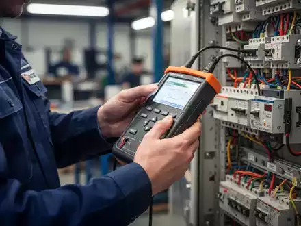 Hände eines Prüftechnikers in Uniform, der elektrische Geräte in einem industriellen Umfeld mit einem Prüfgerät inspiziert. - Foto: über boerse-global.de