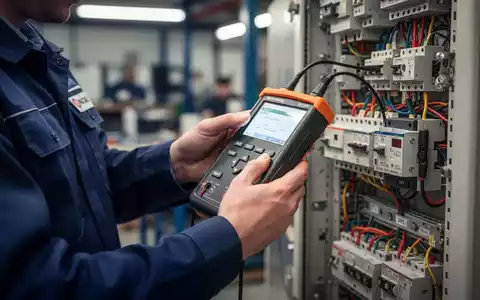 Hände eines Prüftechnikers in Uniform, der elektrische Geräte in einem industriellen Umfeld mit einem Prüfgerät inspiziert. - Foto: über boerse-global.de