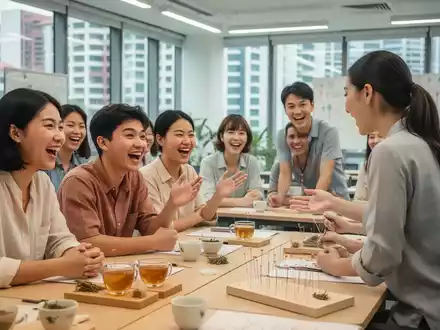 Junge Menschen lernen TCM in einem modernen Kursraum in Singapur, mit Kräutern und Lernmaterialien auf den Tischen. - Foto: über boerse-global.de