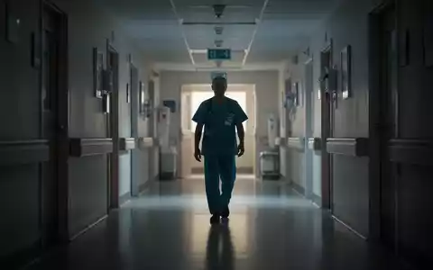 Ein verschwommener Krankenhausflur mit einer Silhouette in medizinischer Kleidung, die sich von einem Raum mit sanftem Licht entfernt. - Foto: über boerse-global.de
