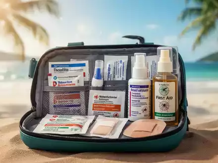 Eine gut sortierte Reiseapotheke mit Medikamenten, Verbänden und Insektenschutzmittel vor einem verschwommenen Strandhintergrund. - Foto: über boerse-global.de