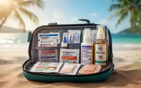 Eine gut sortierte Reiseapotheke mit Medikamenten, Verbänden und Insektenschutzmittel vor einem verschwommenen Strandhintergrund. - Foto: über boerse-global.de