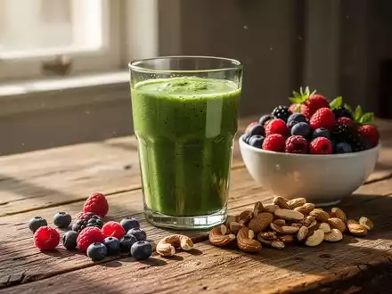 Ein grĂŒner Smoothie in einem Glas, daneben eine Schale mit Beeren und NĂŒssen auf einem Holztisch, beleuchtet von Sonnenlicht. - Foto: ĂŒber boerse-global.de