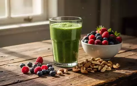 Ein grüner Smoothie in einem Glas, daneben eine Schale mit Beeren und Nüssen auf einem Holztisch, beleuchtet von Sonnenlicht. - Foto: über boerse-global.de