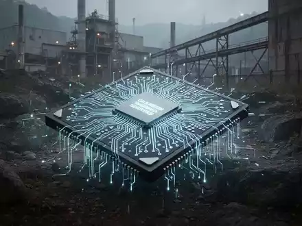 Ein futuristischer Quantencomputerchip in einer industriellen Landschaft, die an Oak Ridge erinnert. - Foto: über boerse-global.de