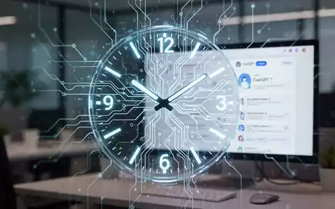 A glowing digital clock face intertwined with abstract AI neural network patterns, symbolizing scheduled tasks in a modern office. - Foto: über boerse-global.de