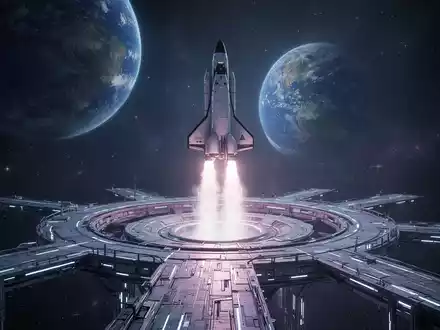 Eine futuristische Raumsonde startet von einer orbitalen Plattform vor dem Hintergrund des Weltraums mit der Erde in der Ferne. - Foto: über boerse-global.de