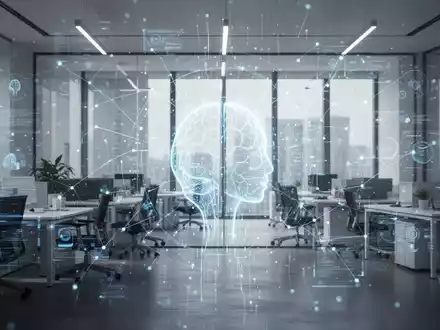 Eine moderne Büroarbeitsumgebung mit einer schwebenden, leuchtenden digitalen Benutzeroberfläche, die HR-Software und KI symbolisiert. - Foto: über boerse-global.de