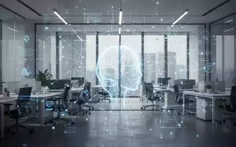 Eine moderne Büroarbeitsumgebung mit einer schwebenden, leuchtenden digitalen Benutzeroberfläche, die HR-Software und KI symbolisiert. - Foto: über boerse-global.de