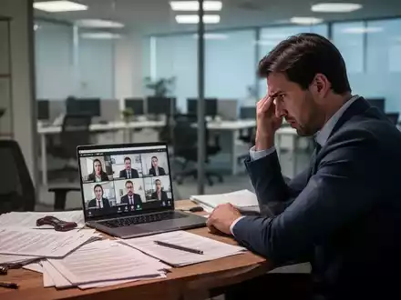 Eine frustrierte Person sitzt an einem Schreibtisch im Homeoffice mit Laptop und Dokumenten, im Hintergrund ein leeres Büro. - Foto: über boerse-global.de