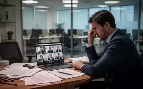 Eine frustrierte Person sitzt an einem Schreibtisch im Homeoffice mit Laptop und Dokumenten, im Hintergrund ein leeres Büro. - Foto: über boerse-global.de