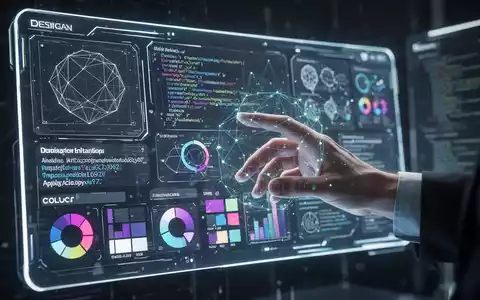 A futuristic AI design interface with wireframes and code, a hand interacting with a holographic projection. - Foto: über boerse-global.de