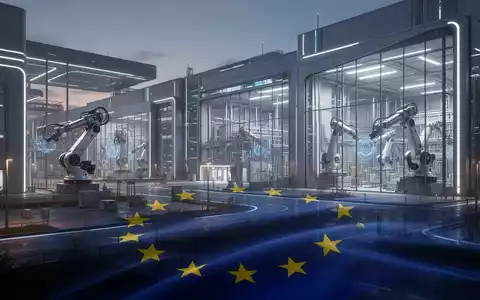 Eine futuristische Gigafabrik-Anlage bei Sonnenuntergang, die technologischen Fortschritt und industrielle Größe symbolisiert, mit EU-Flaggen-Elementen. - Foto: über boerse-global.de