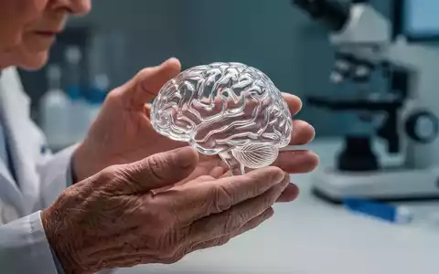 Ältere Hände halten eine filigrane Glas-Hirnskulptur, die Forschung und Zerbrechlichkeit im Kontext von Demenz symbolisiert. - Foto: über boerse-global.de