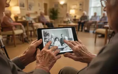 Hände eines älteren Menschen berühren ein Tablet, das ein altes Schwarz-Weiß-Foto zeigt, warme Beleuchtung. - Foto: über boerse-global.de
