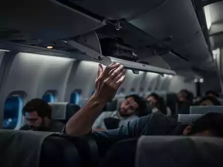 Eine Hand greift heimlich in ein offenes Gepäckfach in einer dunklen Flugzeugkabine, während Passagiere im Hintergrund schlafen. - Foto: über boerse-global.de