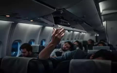 Eine Hand greift heimlich in ein offenes Gepäckfach in einer dunklen Flugzeugkabine, während Passagiere im Hintergrund schlafen. - Foto: über boerse-global.de