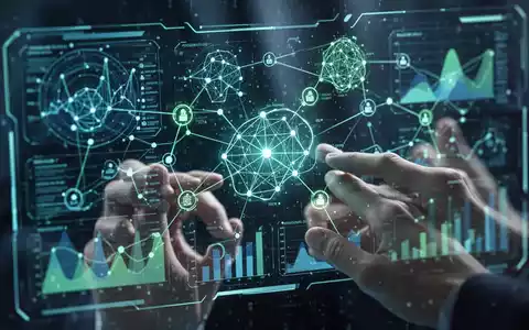 Holographic digital interface with data visualizations and interconnected nodes, representing AI productivity tools and business workflows. - Foto: über boerse-global.de