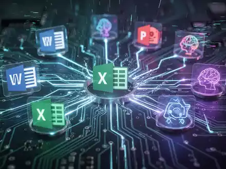A stylized circuit board with glowing lines connecting digital icons of productivity software and AI agents, depicting software integration and disruption. - Foto: über boerse-global.de