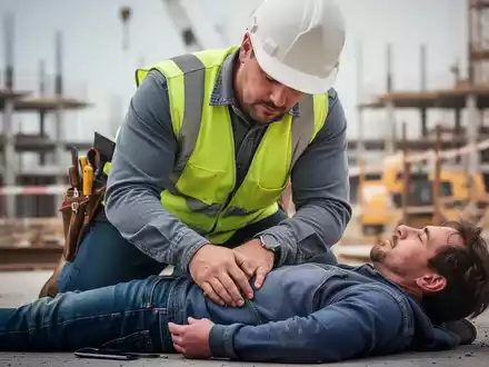 Ein Bauarbeiter in Schutzkleidung leistet Erste Hilfe bei einem Kollegen auf einer Baustelle. Fokus auf Sicherheit und Ausbildung. - Foto: über boerse-global.de