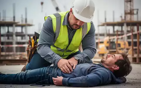 Ein Bauarbeiter in Schutzkleidung leistet Erste Hilfe bei einem Kollegen auf einer Baustelle. Fokus auf Sicherheit und Ausbildung. - Foto: über boerse-global.de