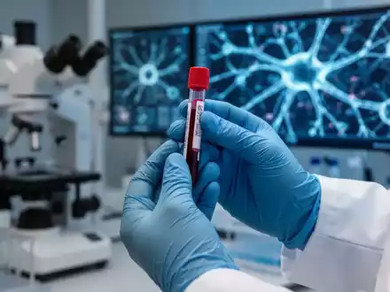 Nahaufnahme der Hände eines Wissenschaftlers, der ein Blutprobenröhrchen hält, mit verschwommener Laborausrüstung und KI-Mustern im Hintergrund. - Foto: über boerse-global.de