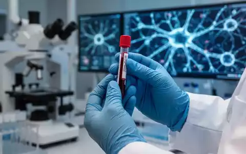 Nahaufnahme der Hände eines Wissenschaftlers, der ein Blutprobenröhrchen hält, mit verschwommener Laborausrüstung und KI-Mustern im Hintergrund. - Foto: über boerse-global.de