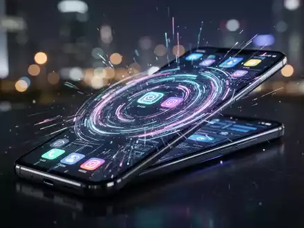 A close-up of a modern smartphone with a glowing, abstract interface showing app icons and data streams, against a blurred city background. - Foto: über boerse-global.de