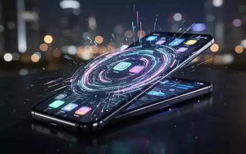 A close-up of a modern smartphone with a glowing, abstract interface showing app icons and data streams, against a blurred city background. - Foto: über boerse-global.de