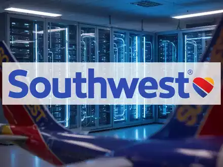 Modernes Rechenzentrum mit leuchtenden Server-Racks und einem angedeuteten Flugzeugheck, das Cloud-Technologie für Southwest Airlines symbolisiert. - Foto: über boerse-global.de