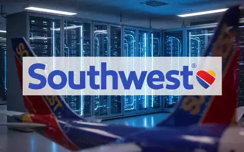 Modernes Rechenzentrum mit leuchtenden Server-Racks und einem angedeuteten Flugzeugheck, das Cloud-Technologie für Southwest Airlines symbolisiert. - Foto: über boerse-global.de