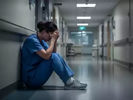 Eine erschöpfte Pflegekraft sitzt mit dem Kopf in den Händen in einem schlecht beleuchteten Krankenhausflur. - Foto: über boerse-global.de