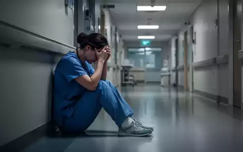 Eine erschöpfte Pflegekraft sitzt mit dem Kopf in den Händen in einem schlecht beleuchteten Krankenhausflur. - Foto: über boerse-global.de