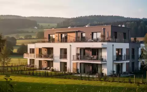 Ein modernes Mehrfamilienhaus in einer ländlichen, grünen Umgebung, das Professionalität und Wertsteigerung im Immobilienbereich der Eifel symbolisiert. - Foto: über boerse-global.de