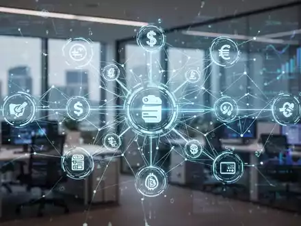Ein stilisiertes Netzwerk aus leuchtenden digitalen Linien, das Finanzsymbole und Icons verbindet, symbolisiert automatisierte Spesenabrechnung und digitale Zahlungssysteme. - Foto: über boerse-global.de