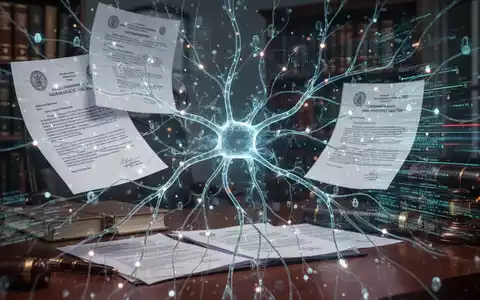 Abstrakte Darstellung von KI-Netzwerken, die mit rechtlichen Dokumenten und Datensicherheit in einer Kanzlei verschmelzen. - Foto: über boerse-global.de