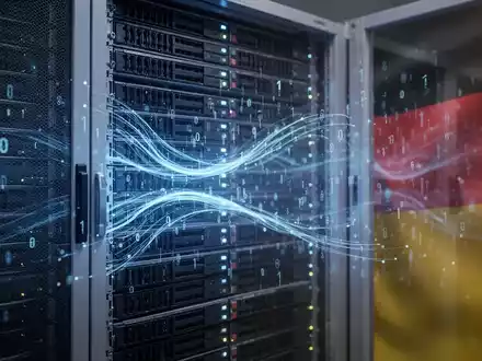 Eine Nahaufnahme eines Server-Racks mit einem blauen Leuchten, das den sicheren Datenfluss in Deutschland symbolisiert. - Foto: über boerse-global.de