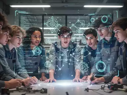 Junge Auszubildende arbeiten gemeinsam an einer holographischen Projektion von KI-Algorithmen in einem modernen Klassenzimmer. - Foto: über boerse-global.de