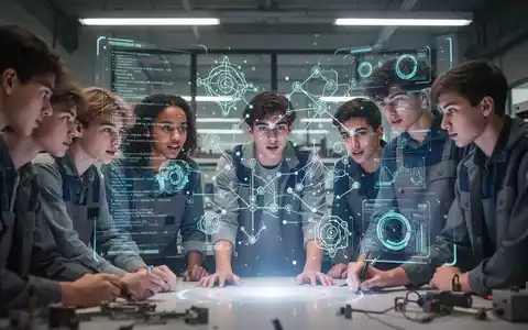 Junge Auszubildende arbeiten gemeinsam an einer holographischen Projektion von KI-Algorithmen in einem modernen Klassenzimmer. - Foto: über boerse-global.de