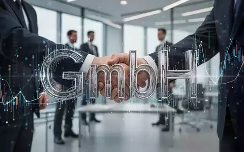 Ein stilisiertes, modernes 'GmbH'-Logo aus Finanzdatenpunkten vor einem Hintergrund von Geschäftsleuten, die Hände schütteln. - Foto: über boerse-global.de