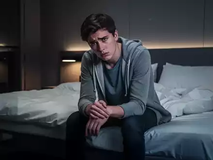 Eine junge Frau sitzt müde auf dem Bett in einem dunklen Schlafzimmer, das die Zunahme von Schlafstörungen bei jungen Erwachsenen symbolisiert. - Foto: über boerse-global.de