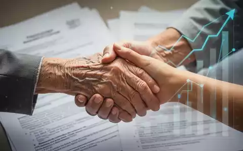 Eine ältere Hand hält eine jüngere Hand, mit verschwommenen Dokumenten und Finanzgrafiken im Hintergrund, symbolisiert Pflege und Reform. - Foto: über boerse-global.de