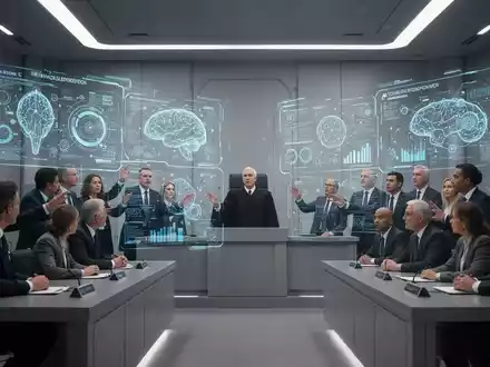 A group of experts examining holographic projections of AI data and regulations in a modern, high-tech setting. - Foto: über boerse-global.de