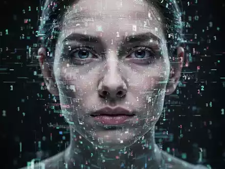 A close-up of a distorted, glitching human face made of digital code and pixels, representing AI deepfakes. - Foto: über boerse-global.de