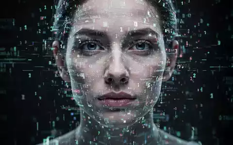 A close-up of a distorted, glitching human face made of digital code and pixels, representing AI deepfakes. - Foto: über boerse-global.de